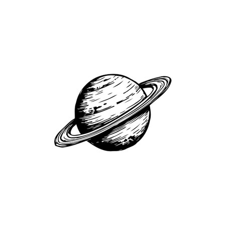 A hand-drawn illustration of Saturn featuring its iconic rings, ideal for scientific, educational or artistic applications.のイラスト素材
