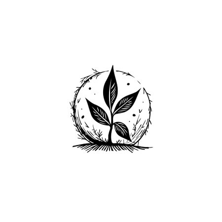 Minimalist art depicting a young plant inside of a circle, which represents nature's renewal. It is a graphic illustration symbolizing growth, sustainability and fresh start.のイラスト素材