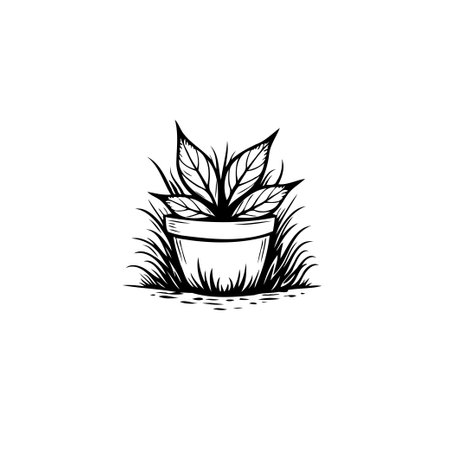 A beautifully illustrated potted plant surrounded by grass. The minimalist design captures the essence of nature and botanical artistry.のイラスト素材