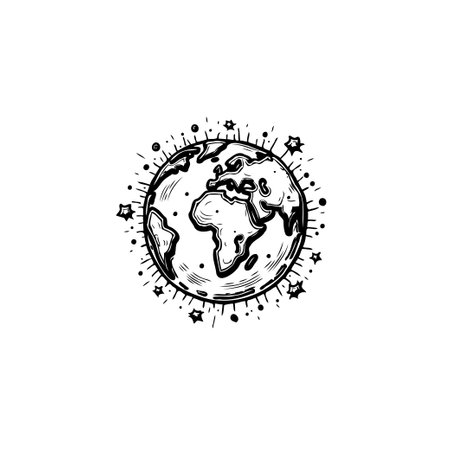 A hand-drawn illustration of the Earth globe surrounded by stars, evoking a sense of wonder and exploration. The simple black and white doodle style is perfect for various design projects.のイラスト素材
