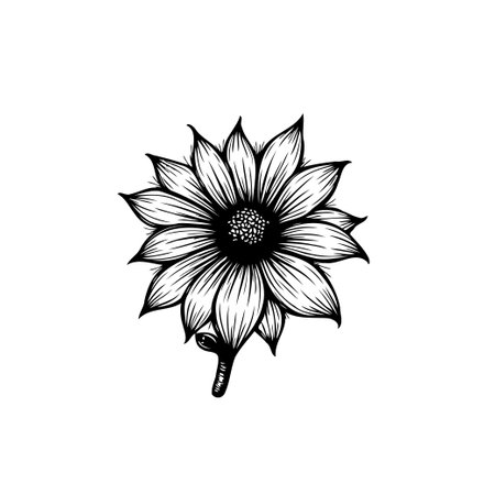 A delicate black and white line art illustration depicts a blooming sunflower, showcasing its intricate petals and botanical details, perfect for artistic designs.のイラスト素材