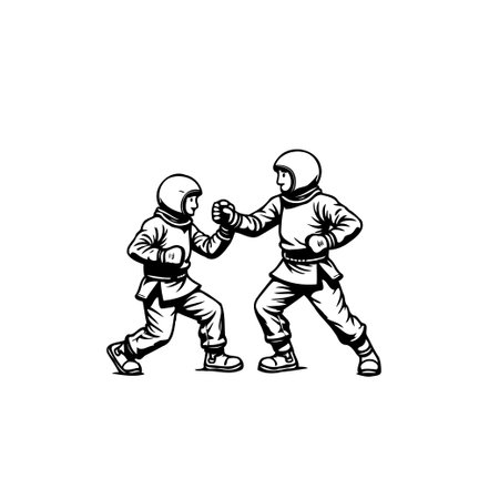 A vector illustration features two young karate athletes in a fighting stance.  The artwork showcases the intensity and discipline of martial arts, with the children ready to compete.のイラスト素材