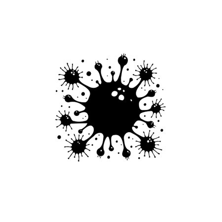 This abstract illustration features a black virus cell splash, ideal for medical and science concepts. The silhouette art captures disease and infection themes.のイラスト素材