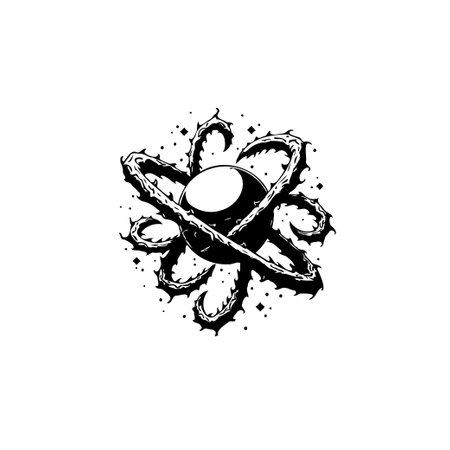 Abstract and conceptual black and white illustration of a sphere entwined with thorny tendrils, creating a spooky and fantastical design.のイラスト素材