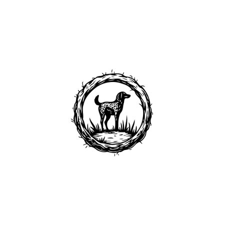 A black and white illustration of a spotted dog standing within a circular frame made of stylized thorns. The artwork has a rustic, vintage feel.のイラスト素材