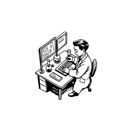 Illustration of a scientist working on a computer in a laboratory, conducting research and development in a scientific environment.のイラスト素材