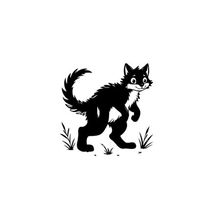 A whimsical, cartoon-style cat character stands playfully in simple grass, rendered in a minimalist black and white graphic illustration. Its cheerful expression adds a charming touchのイラスト素材