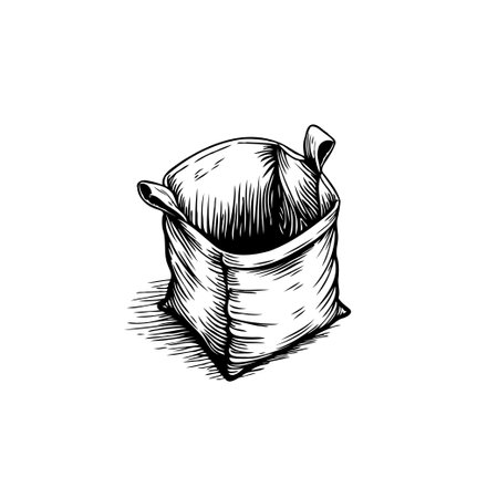 A detailed hand-drawn illustration features a burlap sack with intricate shading and fine lines, emphasizing its texture and rustic appearance.のイラスト素材