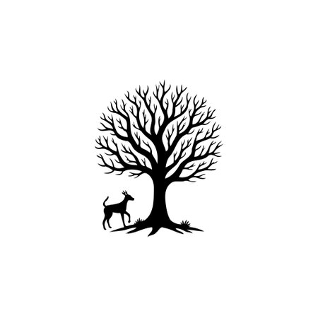 A minimalist silhouette design featuring a tree and a deer, perfect for nature-themed designs, logos, or illustrations.のイラスト素材
