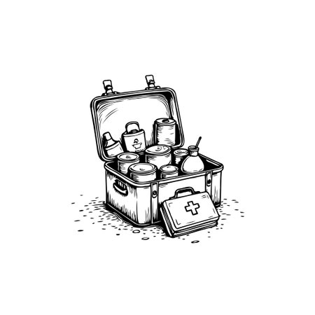 A vintage-style illustration depicts a medical kit filled with old-fashioned medicine tools in a classic, open box with a smaller case next to it.のイラスト素材