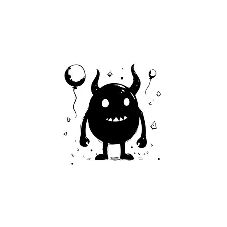 A whimsical black and white illustration shows a cartoon devil character with horns, a playful expression, and a balloon, perfect for festive designs.のイラスト素材