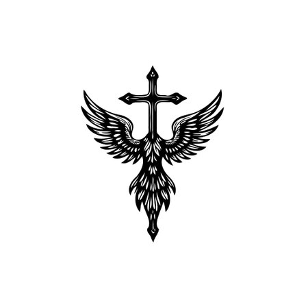 A stylized emblem featuring a cross intertwined with majestic wings, embodying spirituality and artistic expression. This design symbolizes faith, hope, and the divine connection.のイラスト素材