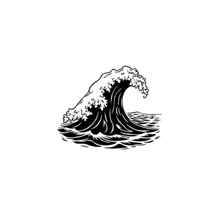 A striking black and white illustration of a powerful wave, capturing the raw energy and beauty of the ocean with its swirling foam and dynamic lines.のイラスト素材