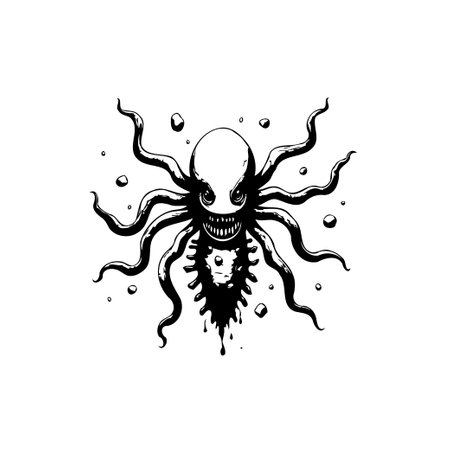 A creepy octopus in ink illustration style, featuring intricate details and a frightening expression. Perfect for Halloween designs, gothic themes, or unique graphic projects.のイラスト素材