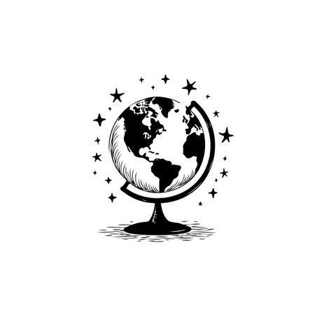 A minimalist black and white illustration of a globe surrounded by stars, symbolizing global connections and the spirit of exploration. Perfect for travel or education themes.のイラスト素材