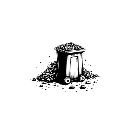 This monochrome image displays a garbage bin overflowing with waste, which is scattered around it, symbolizing environmental issues and neglect.のイラスト素材