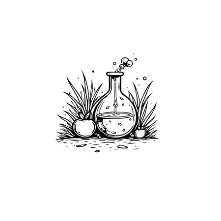A stylized image showing a chemistry bottle with liquid and steam coming out, an apple, and plants. The artwork is in black and white, resembling a drawing or sketch.のイラスト素材