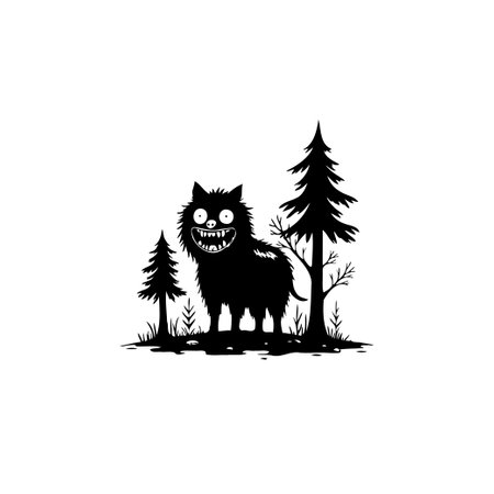 A cartoonish dark monster with a big toothy smile stands in a spooky forest at night. This isolated silhouette illustration is perfect for Halloween designs.のイラスト素材