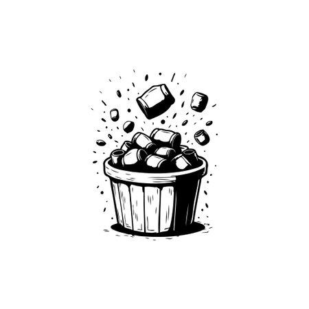 A minimalist vector illustration shows a bucket filled with cylinder shaped objects, with some appearing to be falling or flying around it in a graphic design style.のイラスト素材