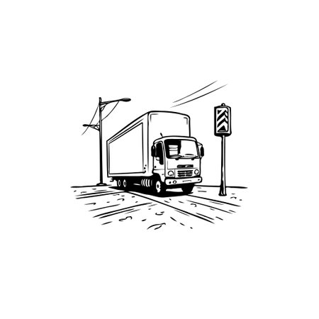 A monochrome sketch illustrates a cargo truck on a road, accompanied by streetlights and signages. The scene captures themes of transportation, logistics, and urban mobility.のイラスト素材