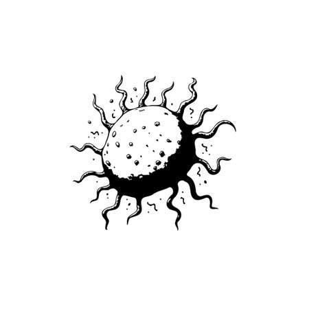 A vector illustration depicts a stylized virus or microbe. The monochrome image is isolated on a white background, offering a visual representation of biology and disease.のイラスト素材