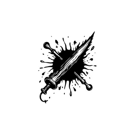 A striking black and white illustration featuring crossed swords with a dramatic ink splatter effect, symbolizing conflict and power in a vintage style.のイラスト素材