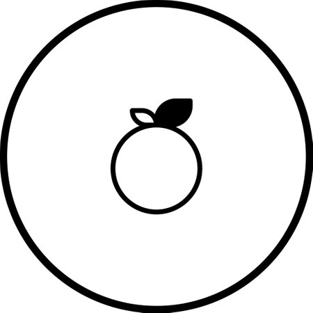 A simple and minimalist line art illustration depicts an orange fruit adorned with leaves, all encased within a circular frame, creating a clean and modern design.のイラスト素材
