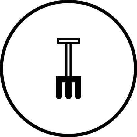 A minimalist black and white vector illustration of a pitchfork icon, isolated within a circle, ideal for agricultural or farming-related designs.のイラスト素材