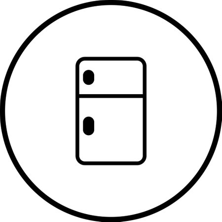 A simple black and white illustration of a refrigerator icon within a circular frame, representing a common kitchen appliance.のイラスト素材