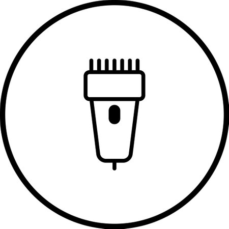 A simple, minimalist vector illustration of an electric hair clipper inside a black circular frame. The design features clean lines and a modern aesthetic.のイラスト素材