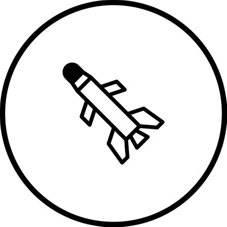A minimalist black and white icon of a missile within a circle, isolated on a white background, suggesting danger and defense. This graphic design is simple, clean, and modern.のイラスト素材
