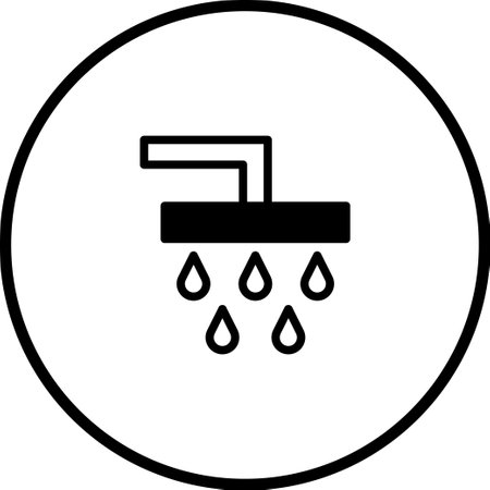 A simple shower icon with water droplets, encased in a circle. Ideal for representing bathrooms, hygiene, or cleanliness in various designs.のイラスト素材