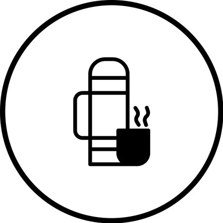 A minimalist black and white icon features a thermos next to a cup within a circle, perfect for branding and user interface designs.のイラスト素材