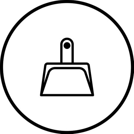 A minimalist, black and white vector icon of a dustpan inside a circle, representing cleaning and household chores.のイラスト素材
