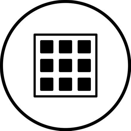 A simple black and white menu icon featuring a grid pattern within a circle, commonly used in user interfaces to represent navigational options and settings.のイラスト素材