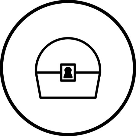 A minimalist line art illustration features a treasure chest enclosed within a circular frame. The design is simple and elegant, perfect for icons or graphic elements.のイラスト素材