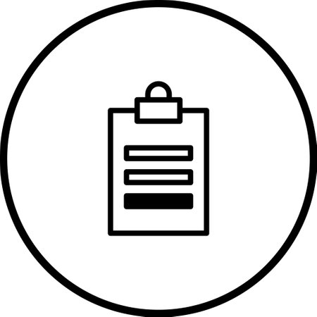 A simple and clean black and white icon of a clipboard inside a circle, signifying tasks, documents, or information management in a minimalistic style.のイラスト素材