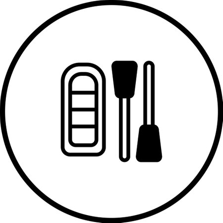 Black and white icon featuring inflatable boat and oars, representing water activities, travel and adventure isolated on a white background.のイラスト素材