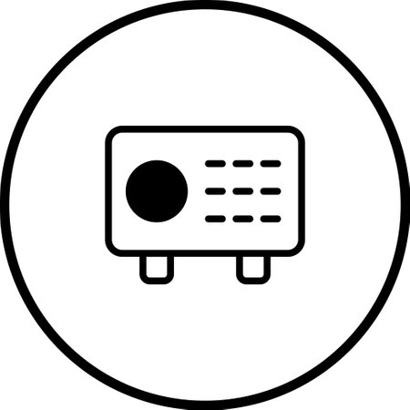 A simple black and white icon of a classic radio, encapsulated within a circular border, presenting a clean and minimalist design.のイラスト素材