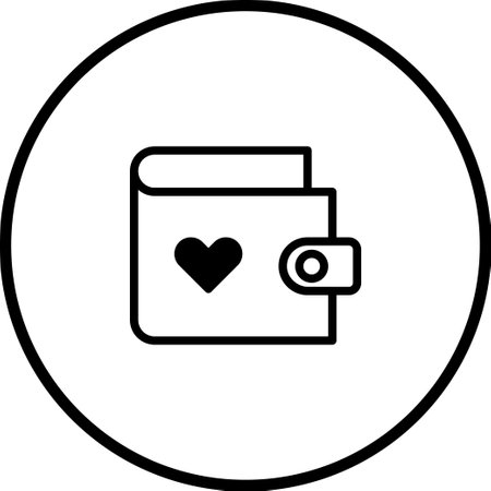 A minimalist black and white icon of a wallet, ideal for representing finance, shopping, or payment related concepts. Features a subtle heart detail.のイラスト素材