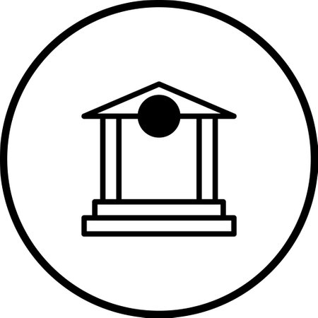 A minimalist vector illustration depicts a classical building within a circular frame, representing architecture, history, or a symbolic structure.のイラスト素材