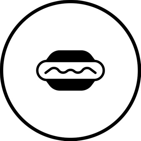 A minimalist black and white icon of a hot dog within a circular frame. Simple graphic representation for food-related projects.のイラスト素材