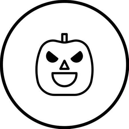 A minimalist black and white icon of a Halloween pumpkin with a spooky face, enclosed in a round frame. Perfect for festive designs.のイラスト素材