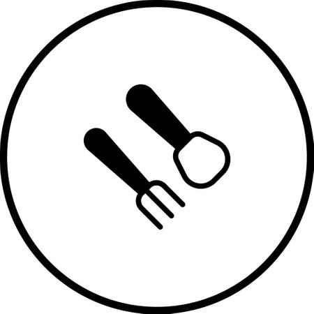A simple, minimalistic black and white icon featuring a fork and spoon arranged diagonally within a circle. Ideal for restaurants, food apps, or culinary-related designs.のイラスト素材