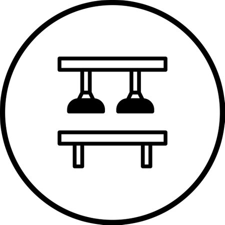 A minimalist black and white vector icon of a press machine enclosed in a circular frame, ideal for industrial and manufacturing themes.のイラスト素材