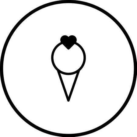 A minimalist icon featuring an ice cream cone with a heart on top, encased in a circular frame. Perfect for designs related to love, sweets, and celebrations.のイラスト素材
