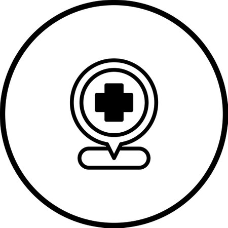 Medical location icon with a cross inside a speech bubble. It represents healthcare services, emergency assistance, or medical facilities available in a specific area.のイラスト素材
