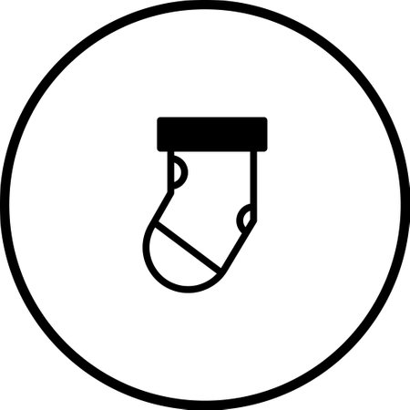 A minimalist black and white illustration features a simple sock icon, encased in a thin black circular border on a clean white background. Great for holiday or baby concepts.のイラスト素材