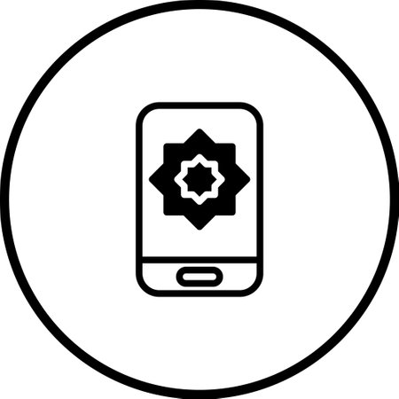 This is a clean, modern icon featuring a mobile phone displaying an Islamic star symbol, suitable for apps related to Ramadan and islamic culture.のイラスト素材