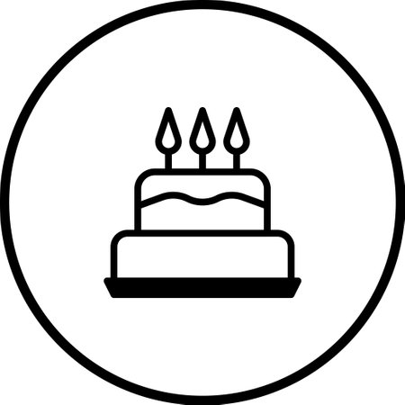 A minimalist black and white illustration of a birthday cake with three candles inside a circle,...